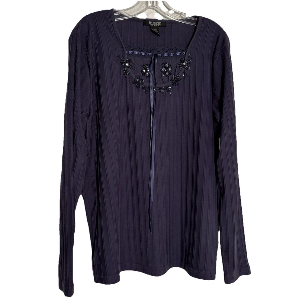 Moka  Sport 1X Top Blue Bead & Ribbon Accent LS Ribbed Going Out Casual Feminine